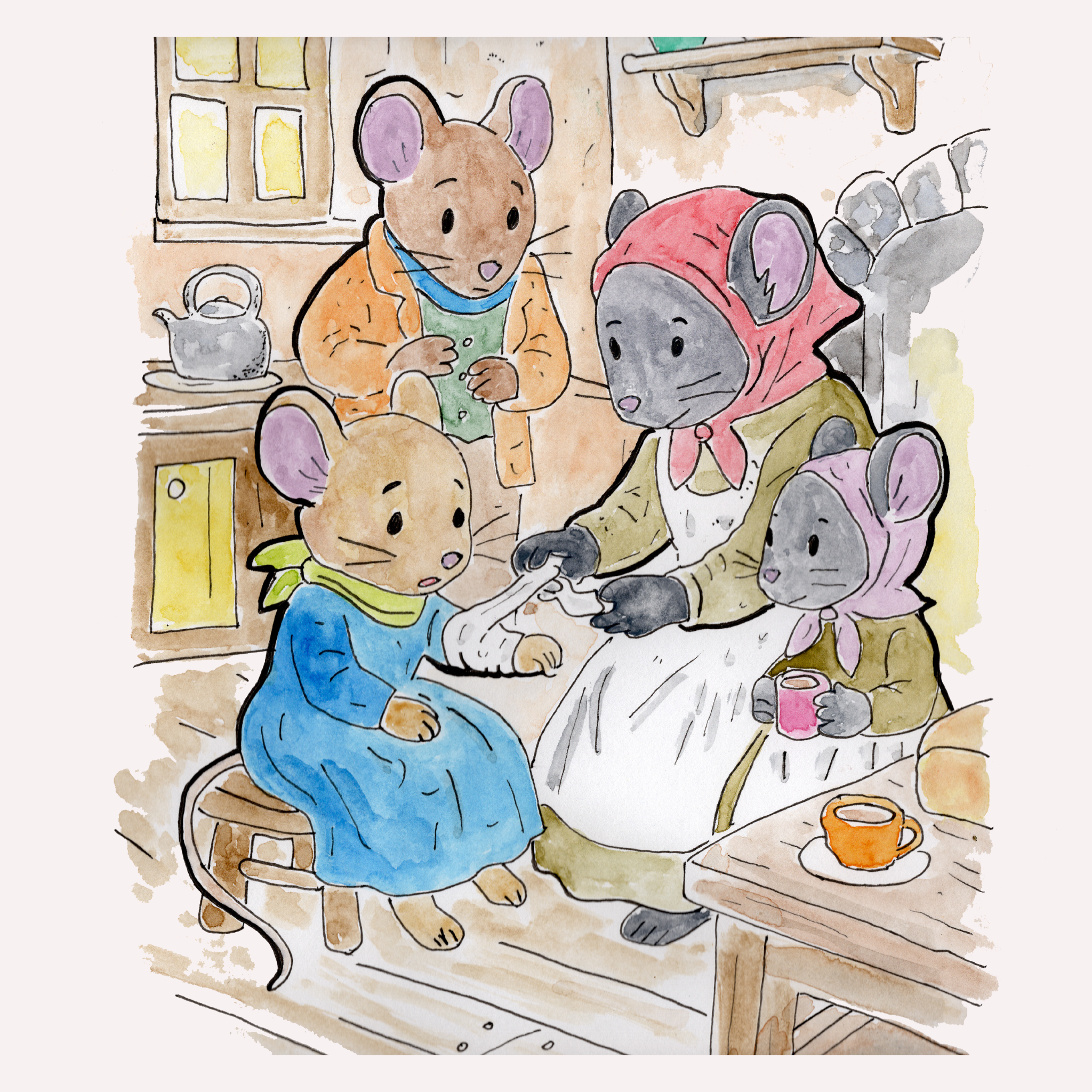 Tea at Home, ink and watercolour illustration from The Thistlewicks